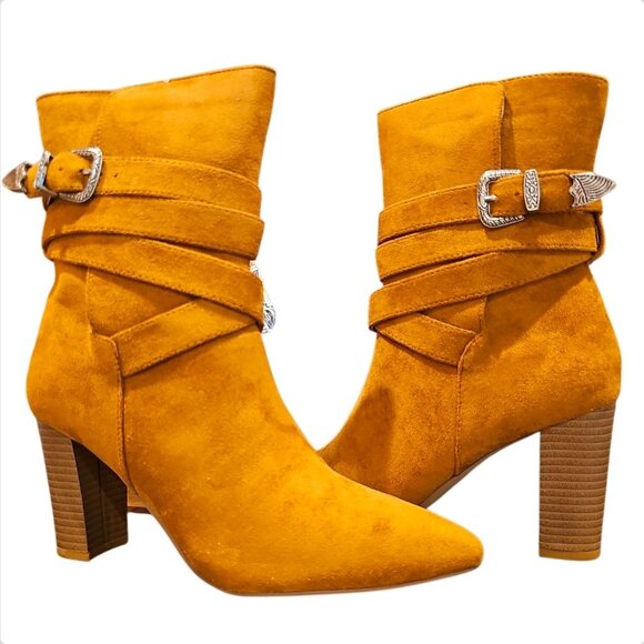 Shoes - Mocha Faux Suede Ankle Boots With Stacked Heel & Decorative Buckle Strap Design